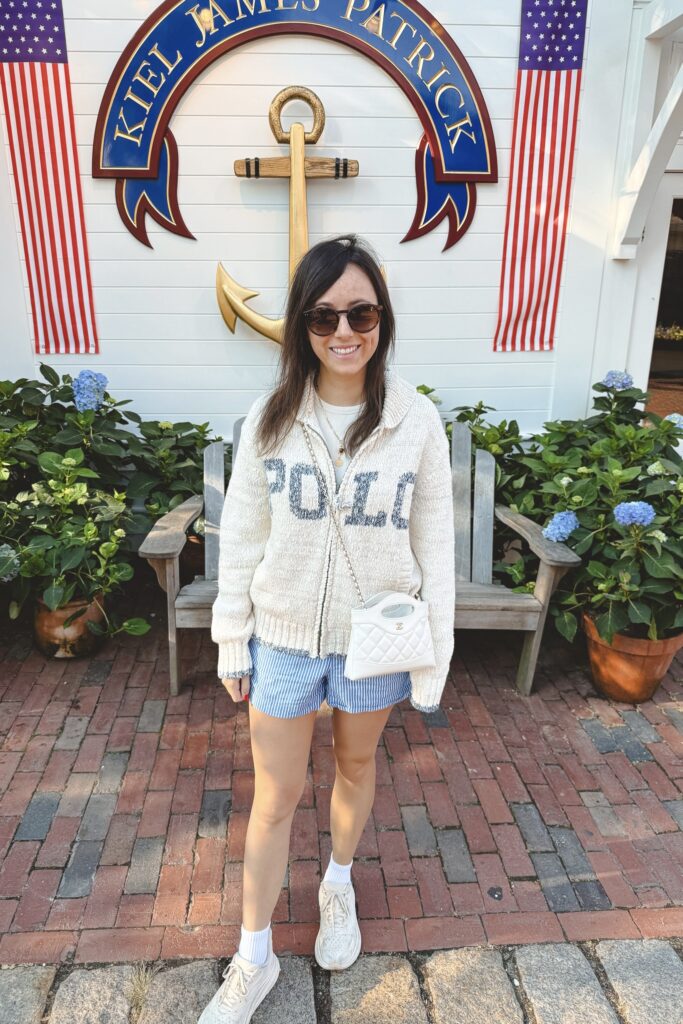 Polo ralph lauren blue cream zip up sweater with j crew stripe linen shorts and white chanel 31 bag