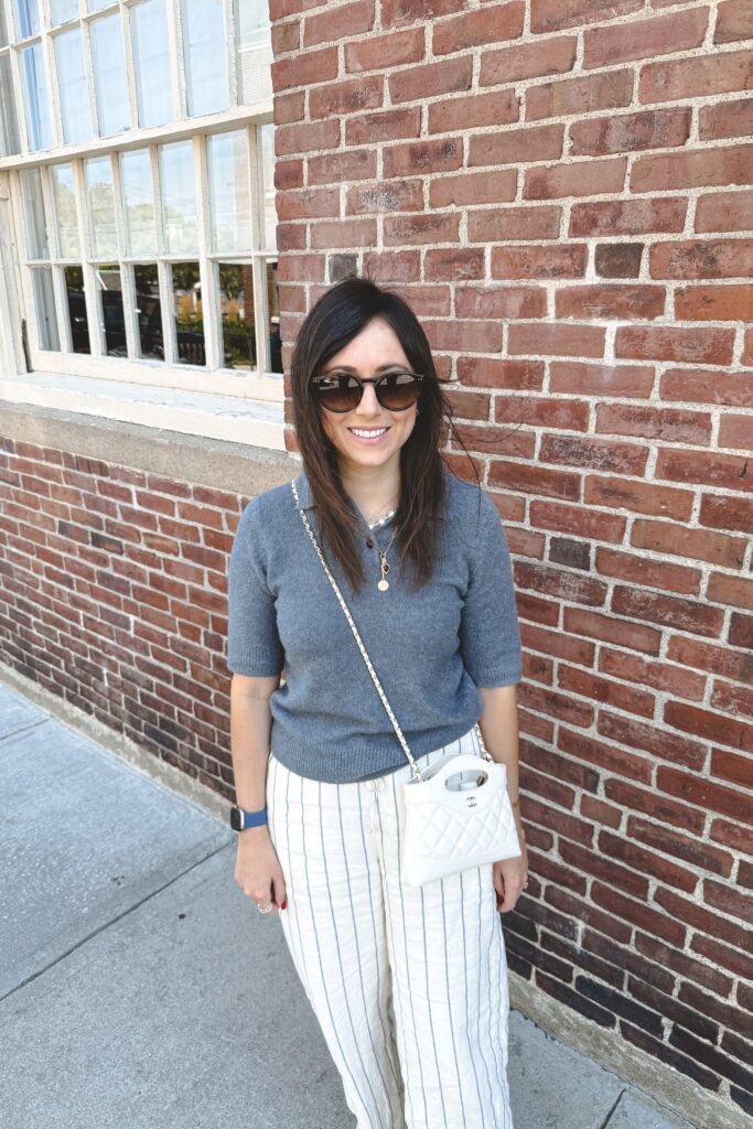 Vince blue boucle polo with j crew stripe linen pants and white chanel 31 bag