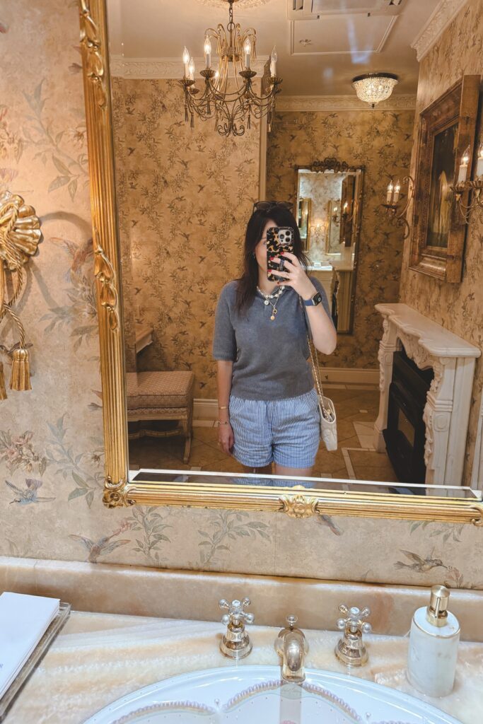 Vince blue boucle polo with j crew stripe linen shorts and white chanel 31 bag