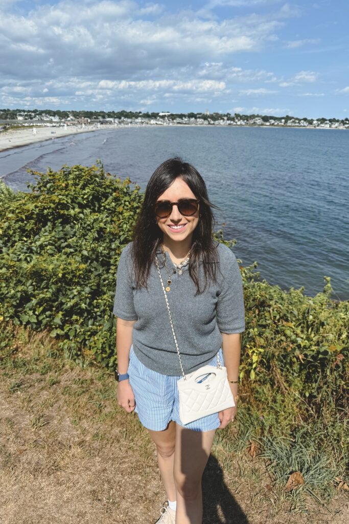 Vince blue boucle polo with j crew stripe shorts and white chanel 31 bag