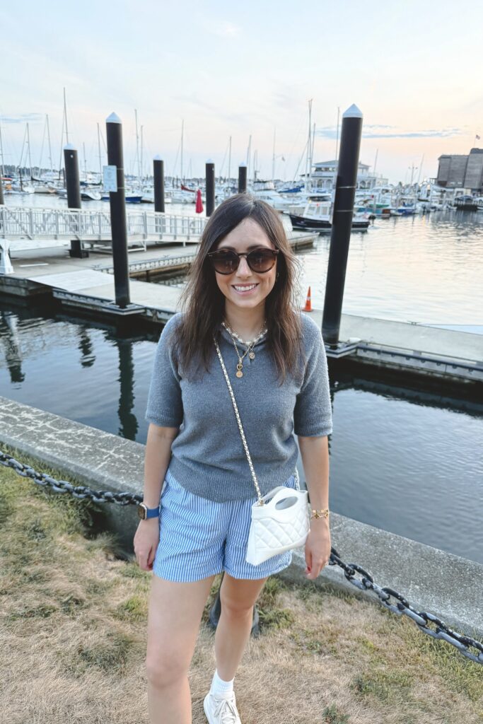 Vince blue boucle polo with j crew blue stripe shorts and celine sunglasses