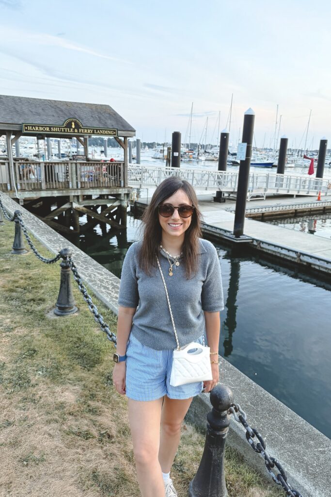 Vince blue boucle polo with j crew blue stripe shorts and white chanel 31 bag
