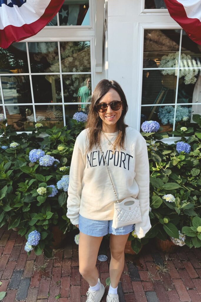 Cream newport sweatshirt with j crew blue stripe shorts and white chanel 31 bag