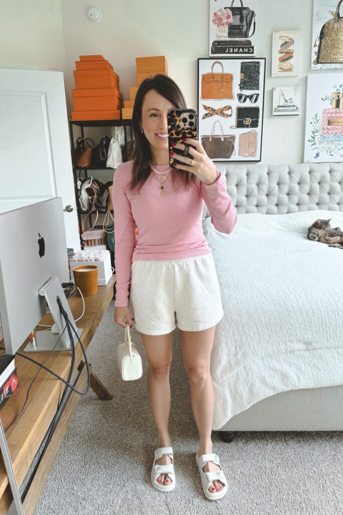 Lululemon hold tight top pink tide with aritzia fleece shorts