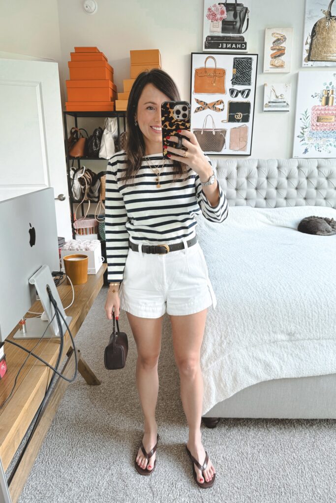 J crew stripe mariner tee with white denim shorts and brown belt