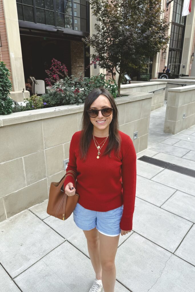 Vince red sweater with jcrew blue stripe shorts and hermes gold picotin