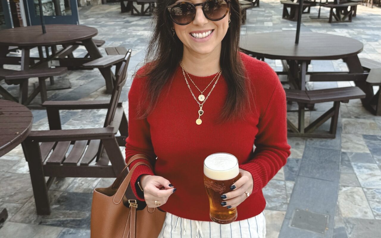 Vince red sweater with jcrew stripe linen pants and hermes gold picotin