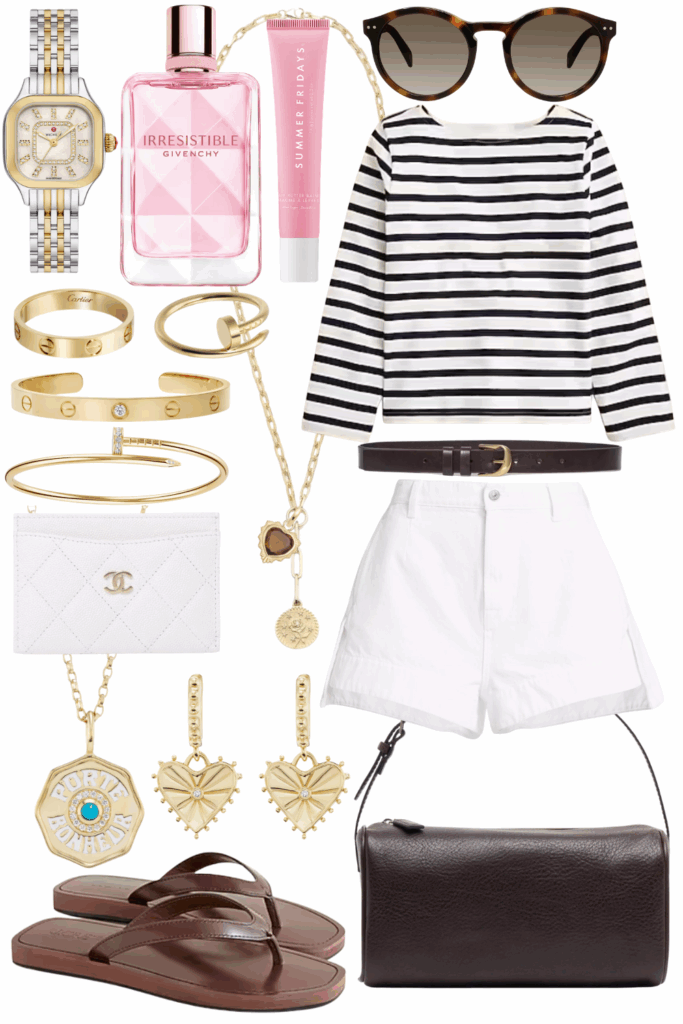 J crew stripe mariner tee with white denim shorts and brown flip flops