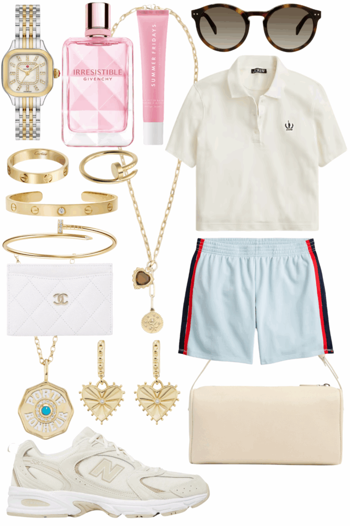 J crew white cropped polo with blue track shorts and white the row 90s bag