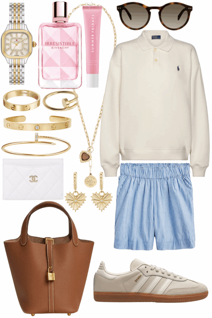 Ralph lauren white fleece polo sweatshirt with jcrew blue stripe shorts and adidas sambas