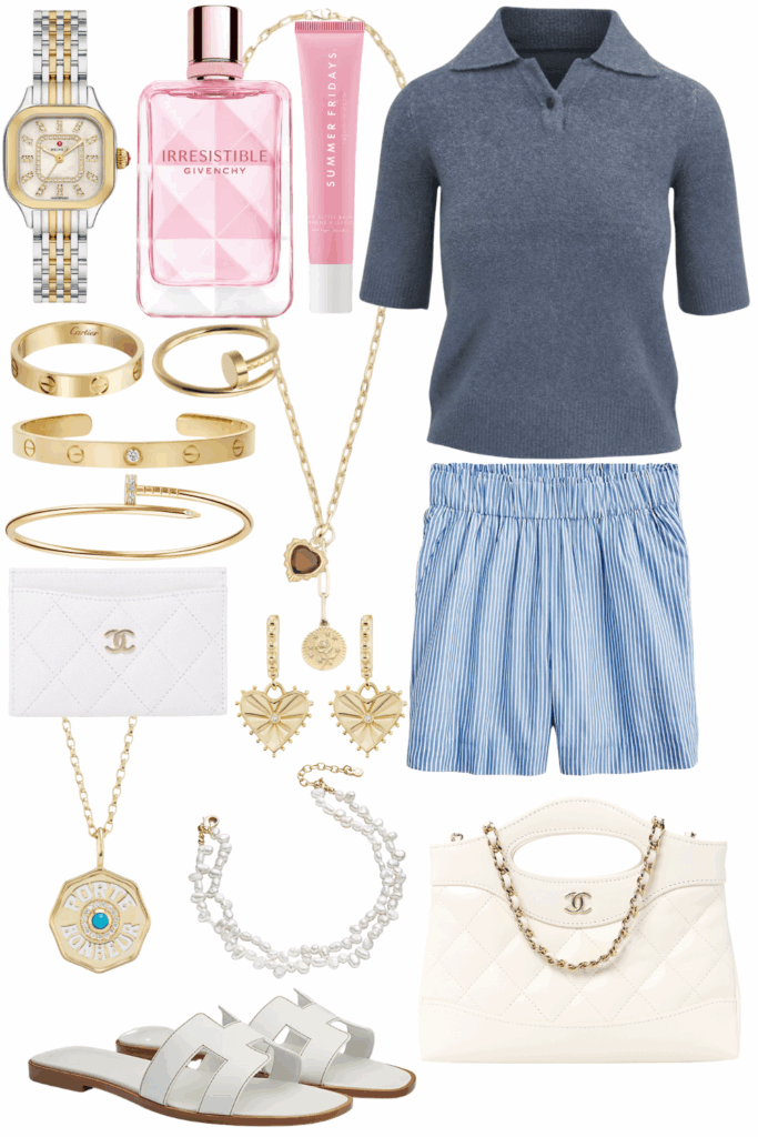 Vince blue boucle polo with j crew stripe linen shorts and white hermes oran sandals