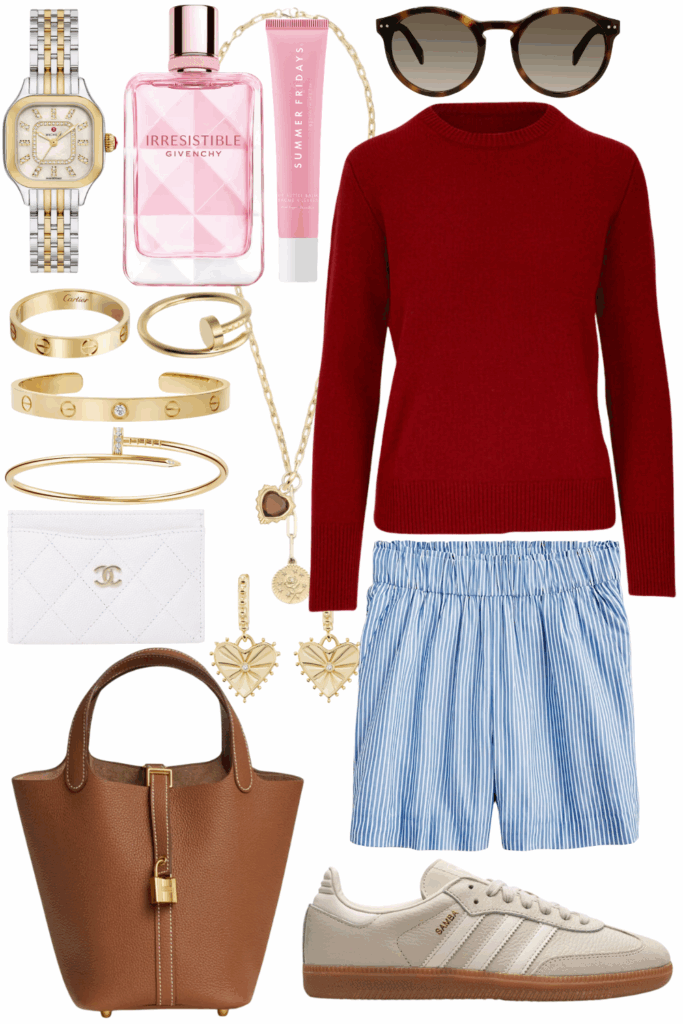 Vince red sweater with jcrew blue stripe shorts and adidas sambas