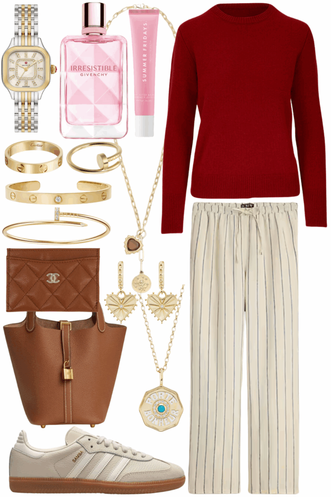 Vince red sweater with jcrew stripe linen pants and adidas sambas