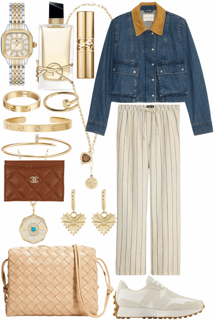 Banana republic trapeze denim jacket with stripe linen pants and new balance 327 sneakers