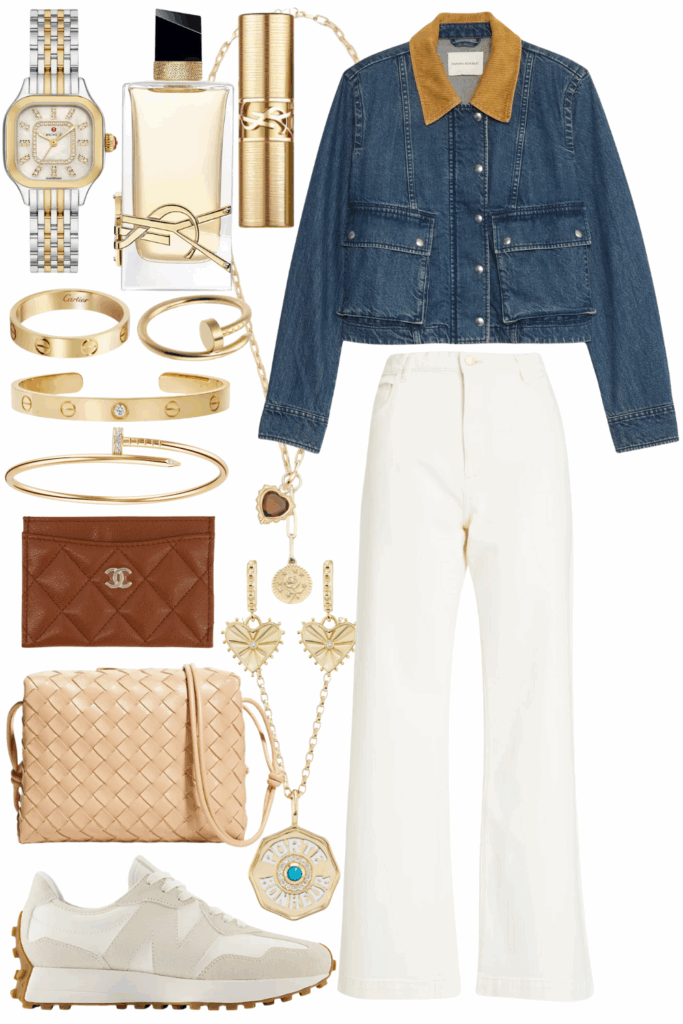 Banana republic trapeze denim jacket with white baggy jeans and new balance 327 sneakers