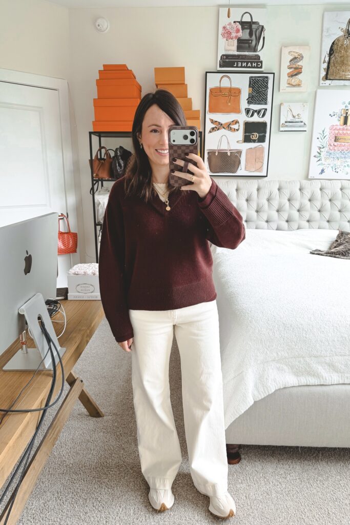 Vince double layer burgundy sweater with white baggy jeans