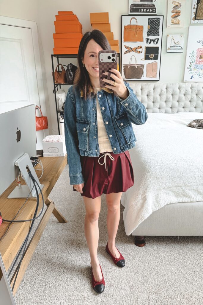 Banana republic trapeze denim jacket with zara burgundy bubble skirt
