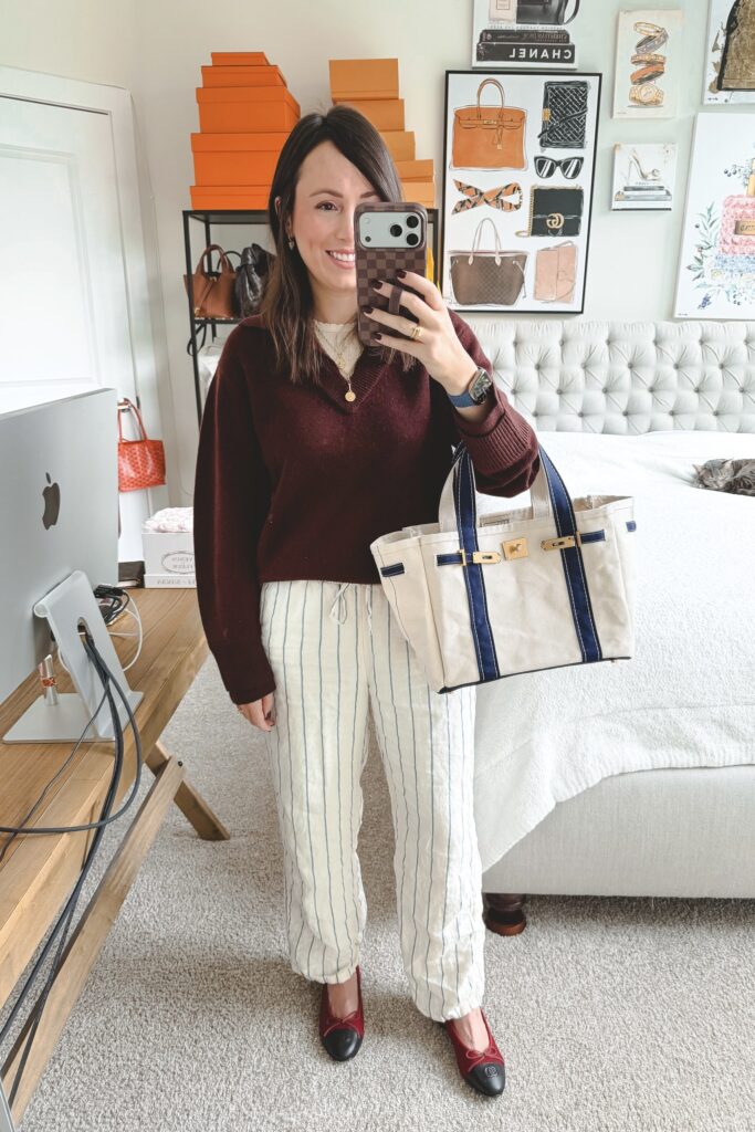 Vince double layer burgundy sweater with stripe linen pants and boatkin bag
