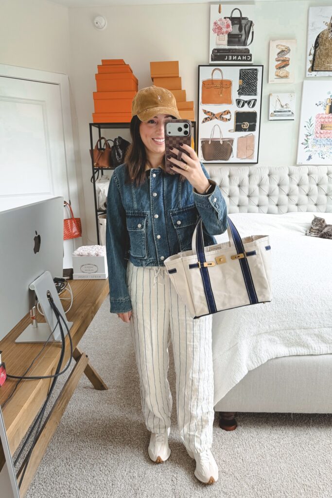 Banana republic trapeze denim jacket with stripe linen pants and boatkin bag