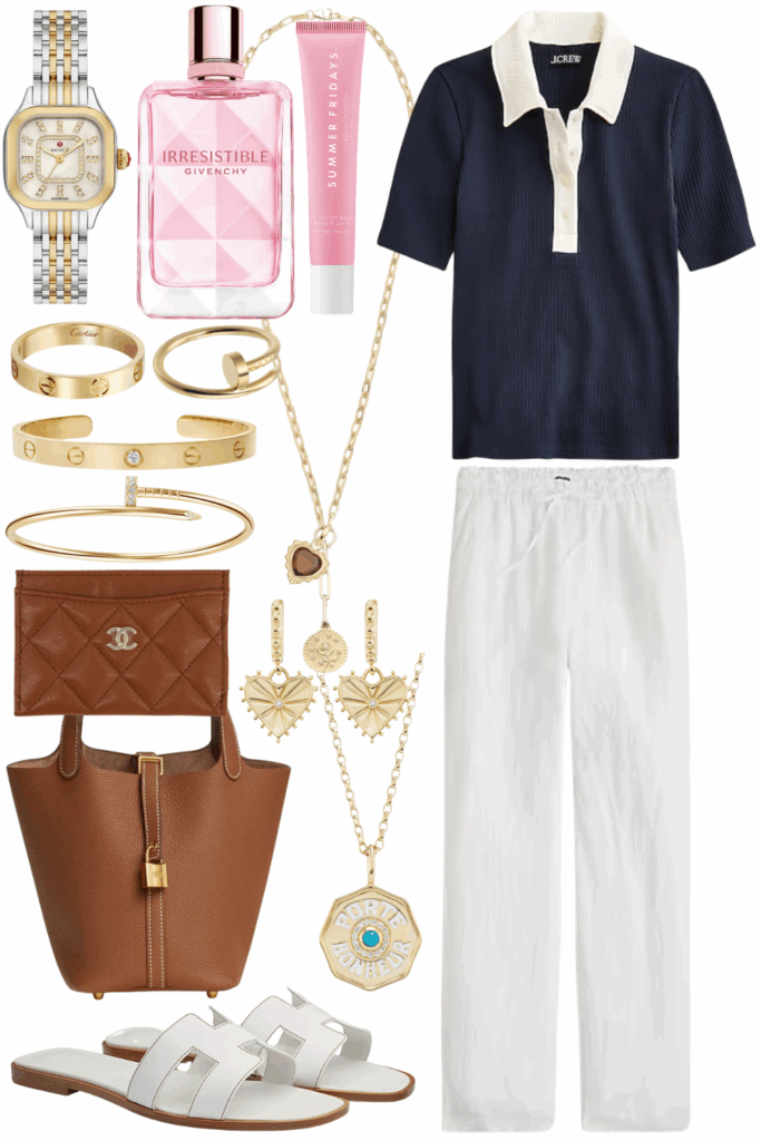 J crew navy ribbed polo with white linen pants and gold hermes picotin