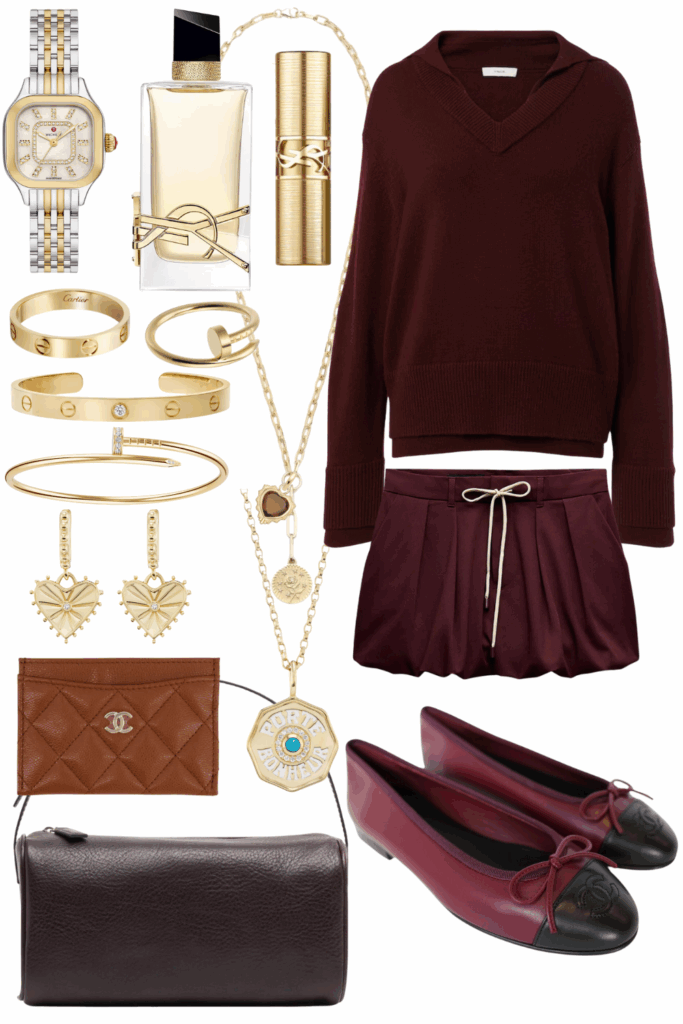 Vince double layer burgundy sweater with burgundy balloon skirt and burgundy chanel ballet flats