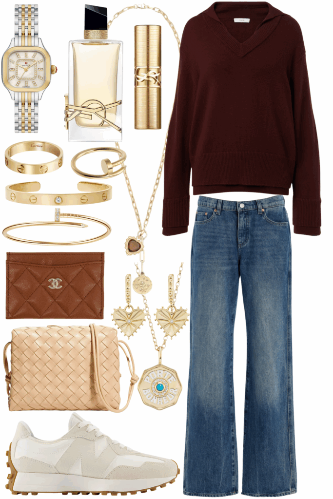 Vince double layer burgundy sweater with dl1961 drue jeans and new balance 327 sneakers