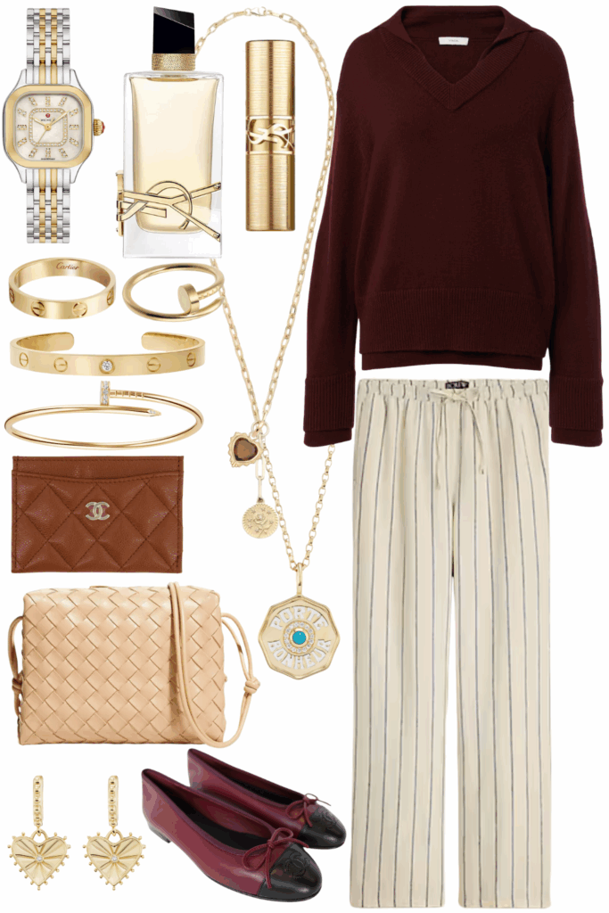 Vince double layer burgundy sweater with stripe linen pants and burgundy chanel ballet flats