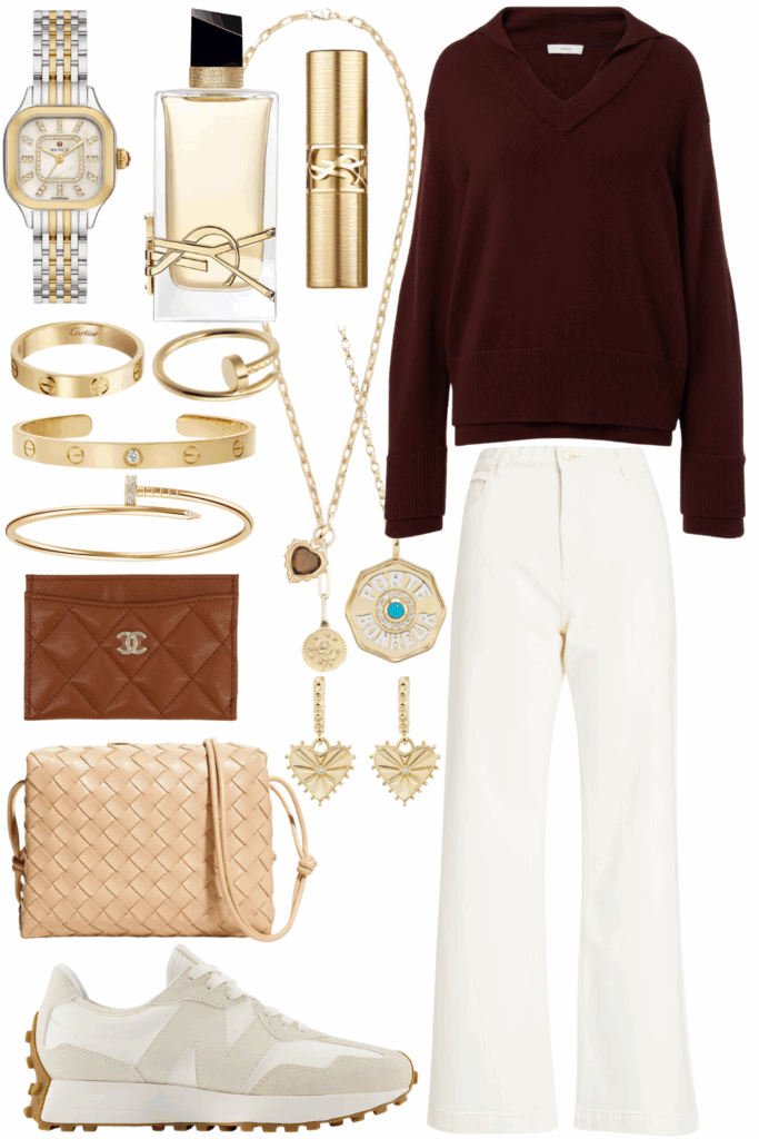 Vince double layer burgundy sweater with white baggy jeans and new balance 327 sneakers