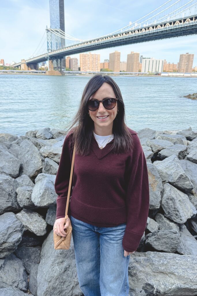 Vince double layer burgundy sweater with dl1961 drue jeans and bottega veneta crossbody