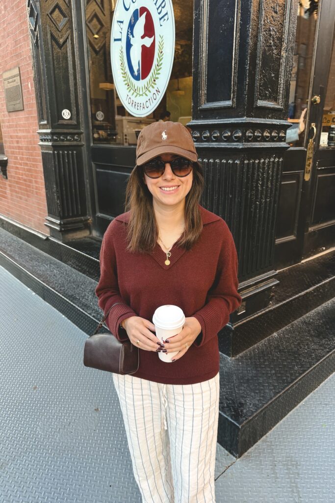 Vince double layer burgundy sweater with stripe linen pants and brown the row 90s bag