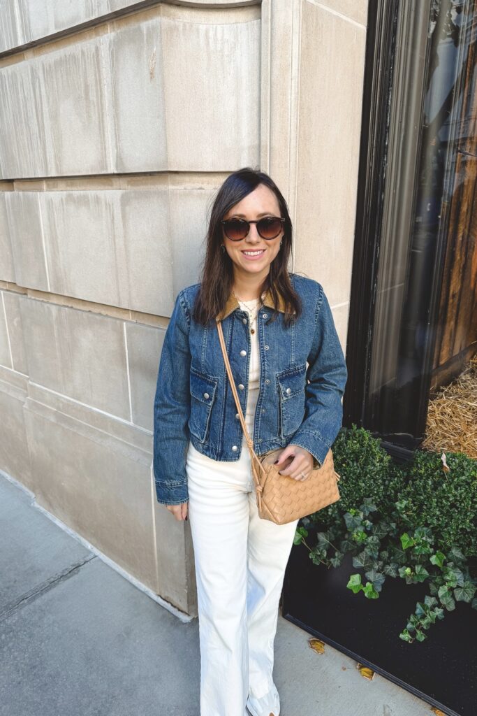 Banana republic trapeze denim jacket with white baggy jeans and celine sunglasses