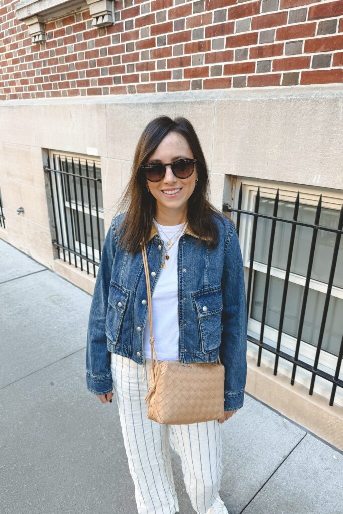 Banana republic trapeze denim jacket with stripe linen pants and celine round sunglasses