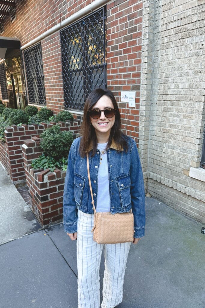 Banana republic trapeze denim jacket with stripe linen pants and bottega veneta crossbody bag