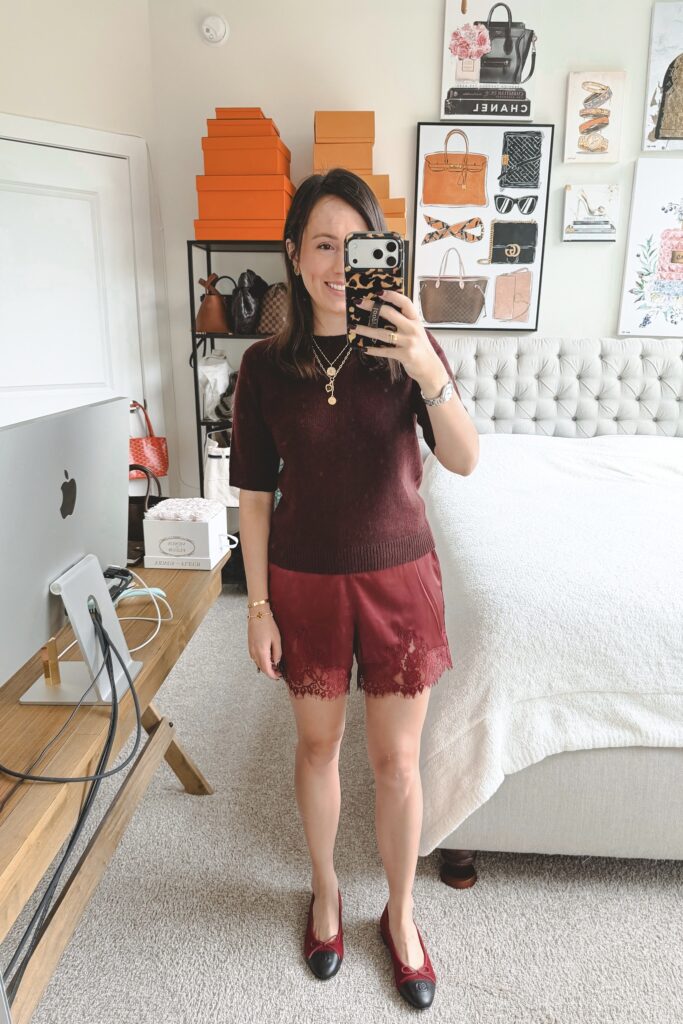 Vince burgundy short sleeve sweater with reformation fern lace shorts