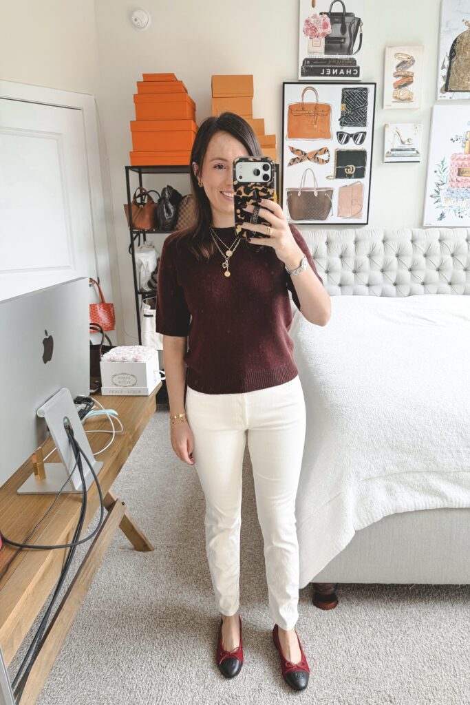 Vince burgundy short sleeve sweater with mother creme tomcat jeans