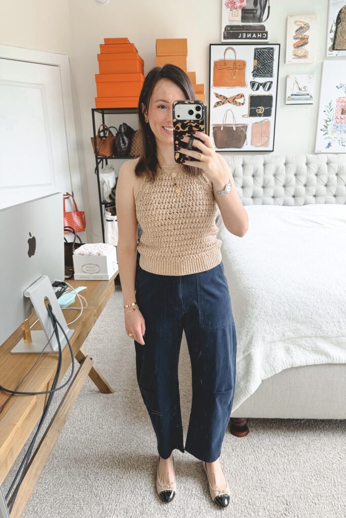 J crew tontauk crochet tank with dl1961 navy billie barrel leg pants