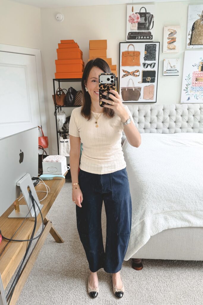 Leset creme pointelle tee tank with dl1961 navy billie barrel leg pants