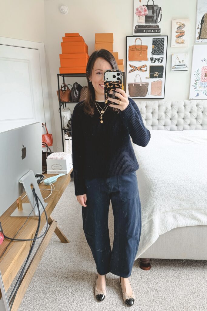 Vince navy sweater with dl1961 navy billie barrel leg pants