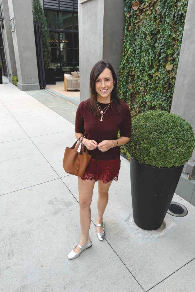 Vince burgundy short sleeve sweater with reformation lace shorts in romance