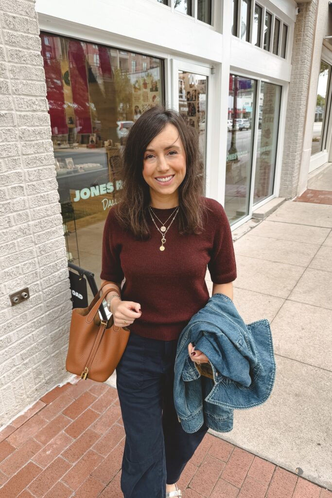 Vince burgundy short sleeve sweater with dl1961 navy billie barrel leg pants