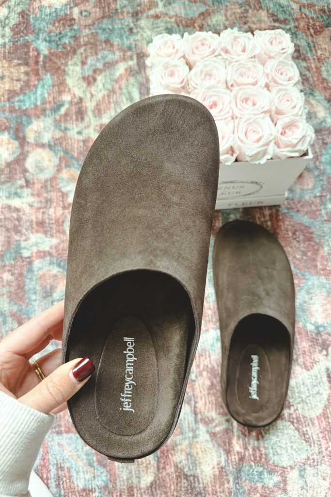 Jeffrey Campbell content suede clogs in coffee brown