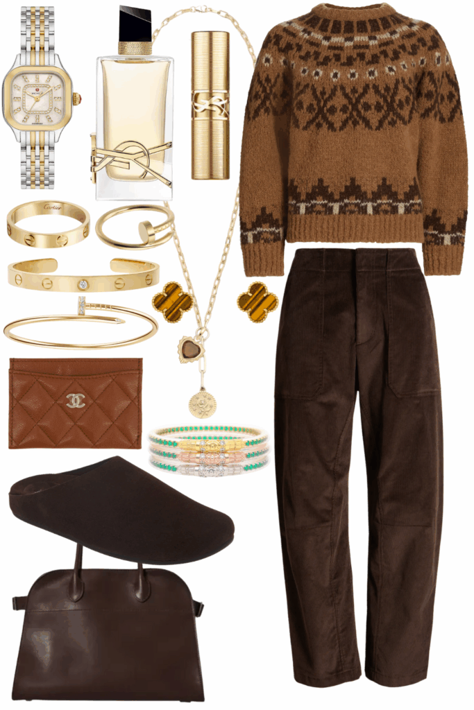 Frame camel fair isle sweater with chocolate brown corduroy pants
