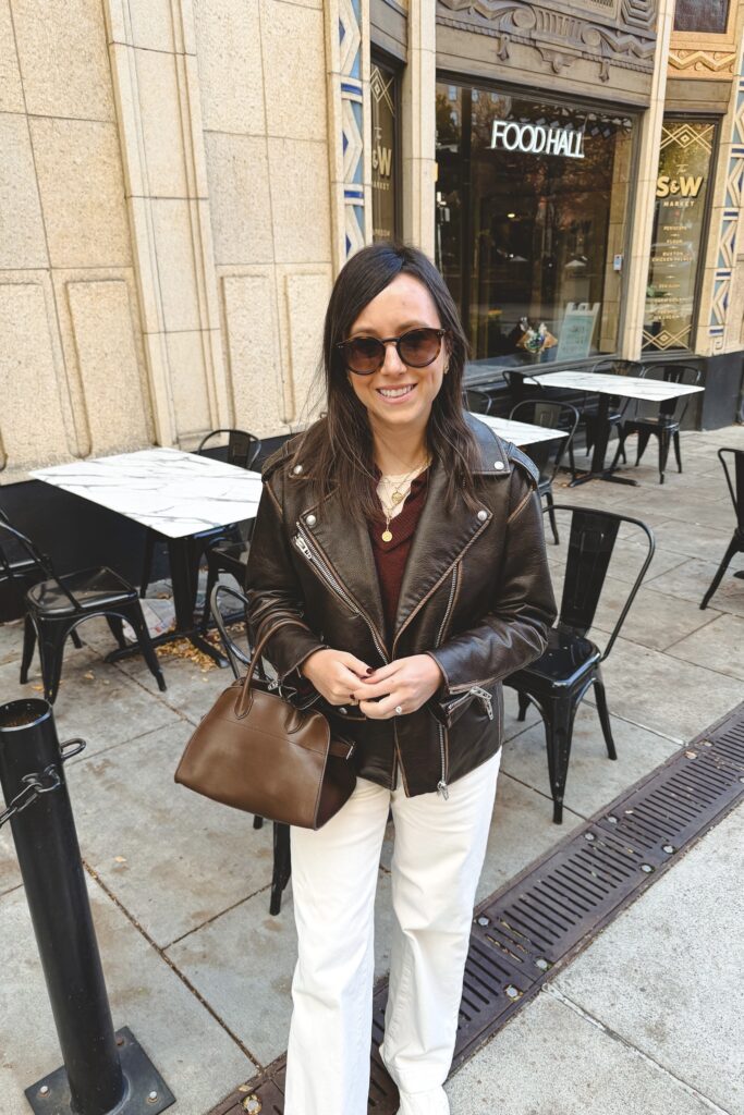 Vince double layer burgundy sweater with white baggy jeans and the row margaux 10