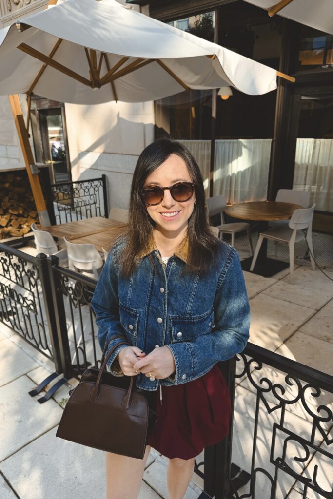 Banana republic trapeze denim jacket with zara burgundy bubble skirt and the row margaux 10