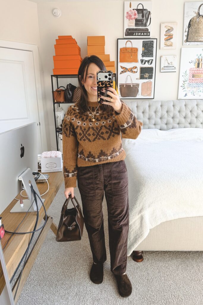Frame camel fair isle sweater with chocolate brown corduroy pants and the row margaux 10