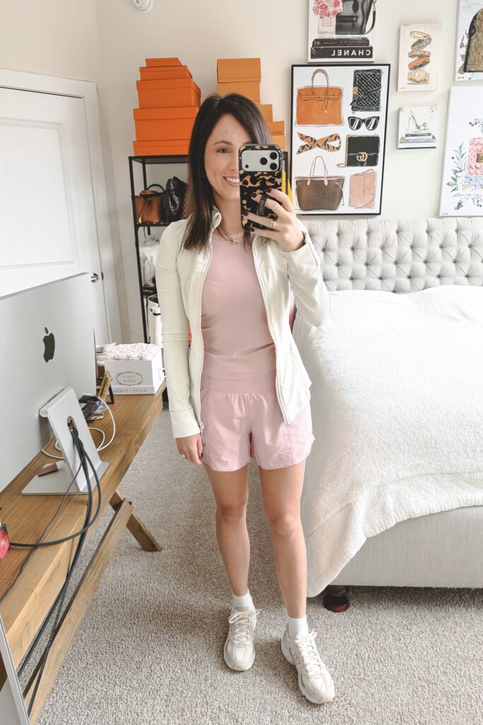 Lululemon align waist length tank pink haze with lululemon hotty hot shorts pink haze