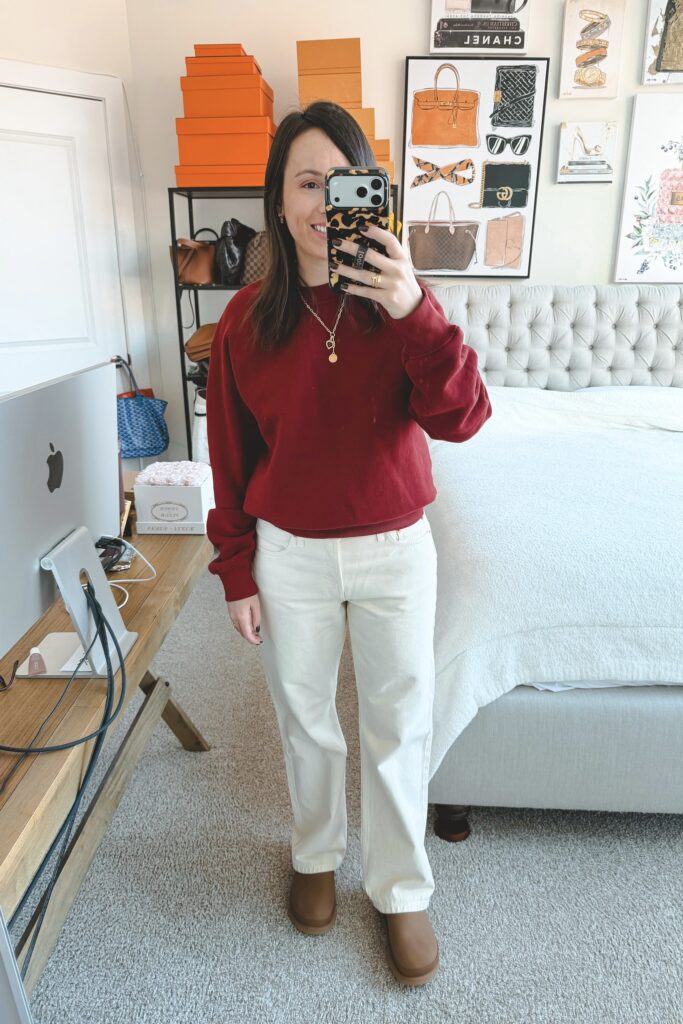 Redone hanes currant sweatshirt with redone standard jeans in vintage white