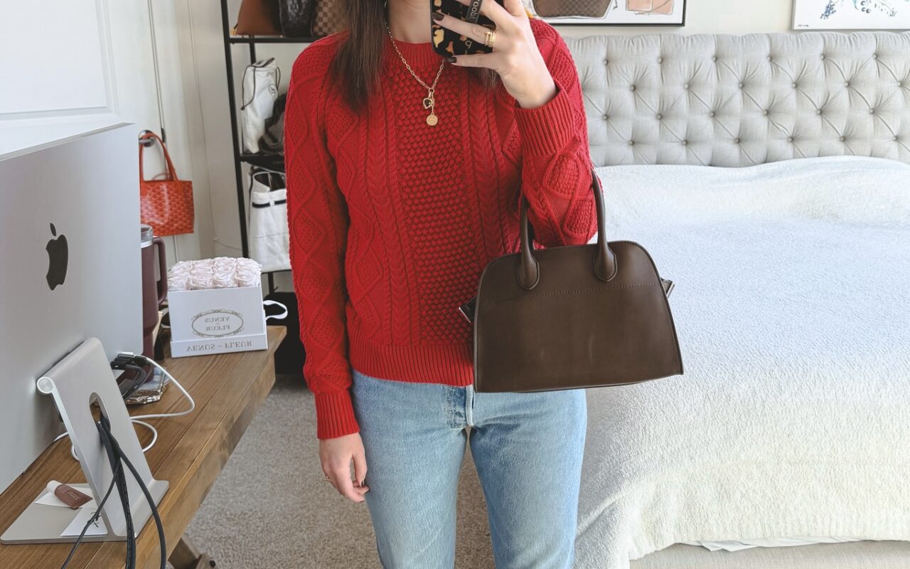 J crew red cable knit sweater with vintage levi's and the row margaux 10