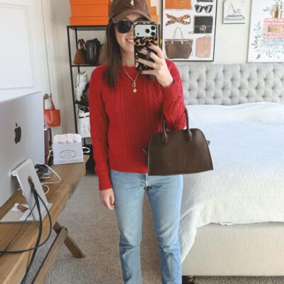 J crew red cable knit sweater with vintage levi's and the row margaux 10