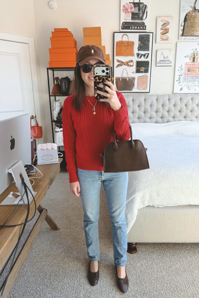 J crew red cable knit sweater with vintage levi's and the row margaux 10